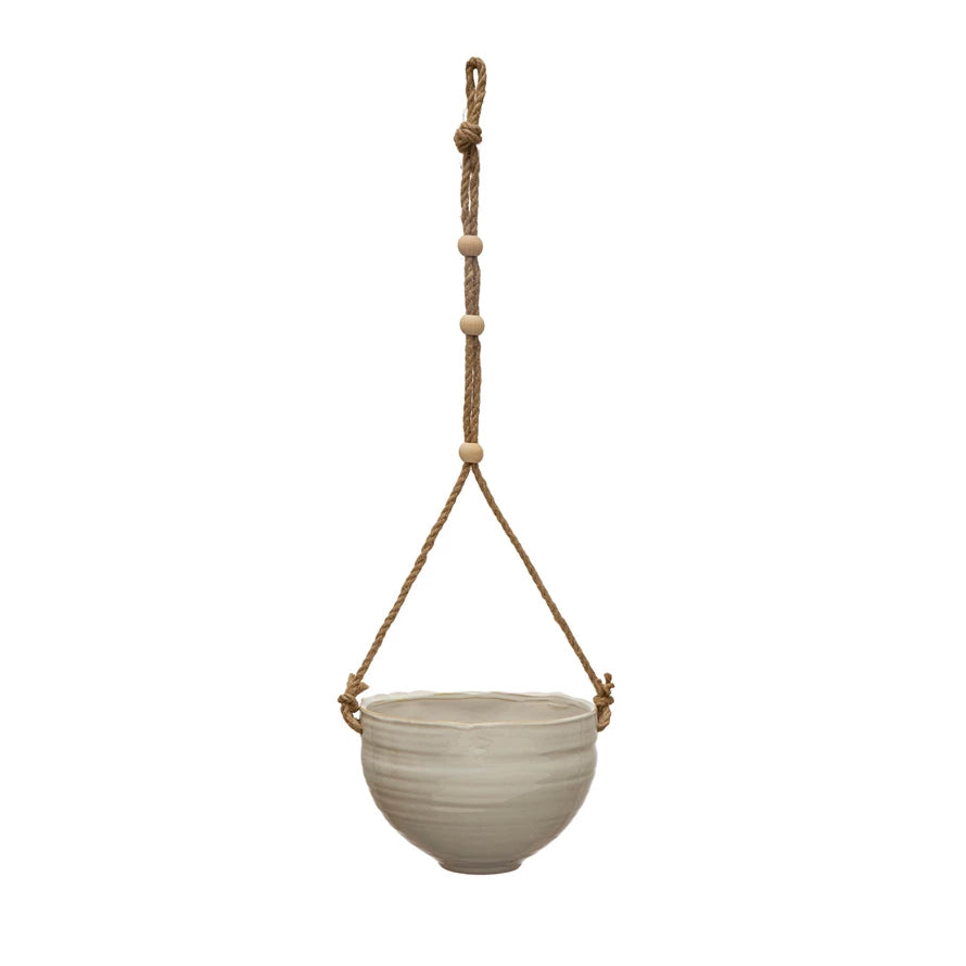 Hanging Stoneware Planter with Jute Ropes