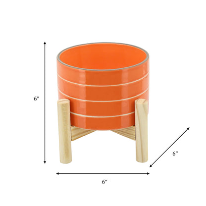 Ceramic Wood Stand Bright Striped Planter