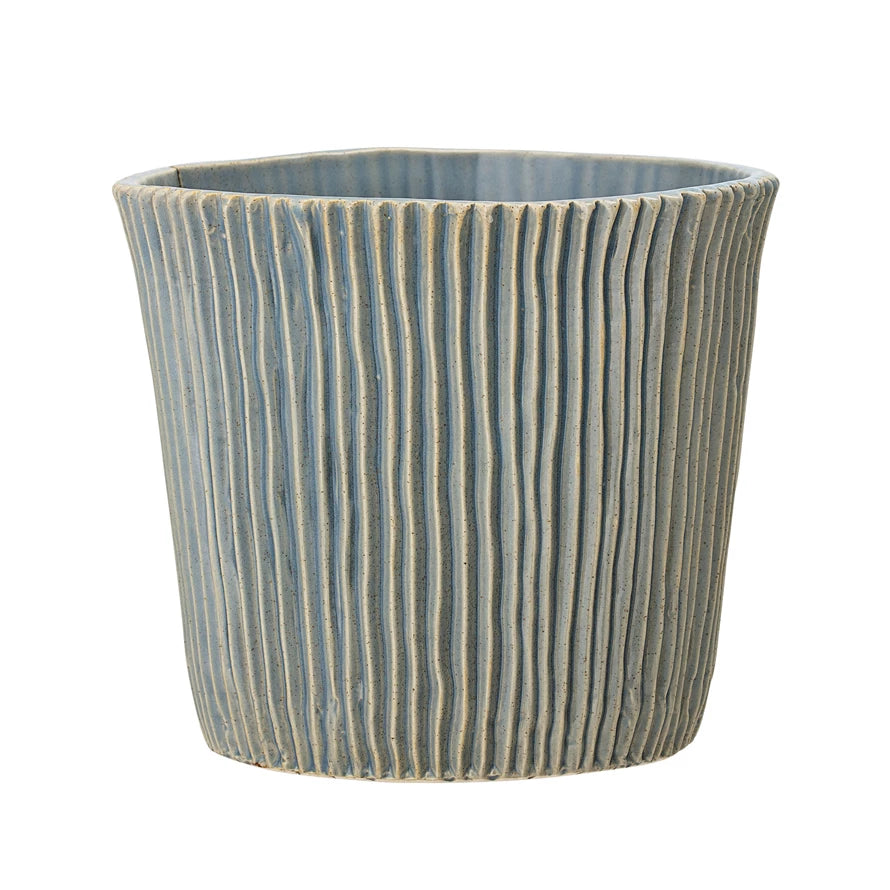 Sea Blue Textured Striped Stoneware Planter