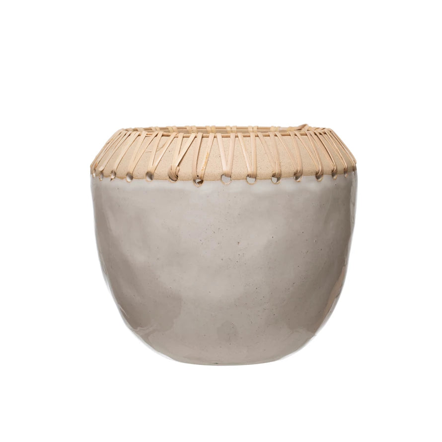 Medium Stoneware Planter with Rattan Stitching